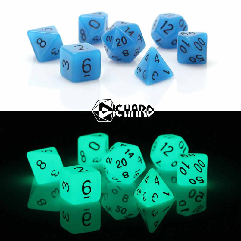 Die Hard Dice Blue Glow in the Dark - 7 Piece Polyhedral Dice Set + Dice Bag - Bea DnD Games
