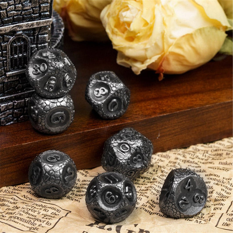 Draconic Master 7 Piece Metal Polyhedral Dice Set & Dice Case - Bea DnD Games