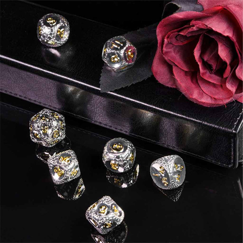 Draconic Power 7 Piece Metal Polyhedral Dice Set & Dice Case - Bea DnD Games