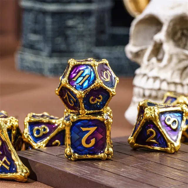 Dragon Bone - 7 Piece Metal Polyhedral Dice Set & Dice Case - Bea DnD Games