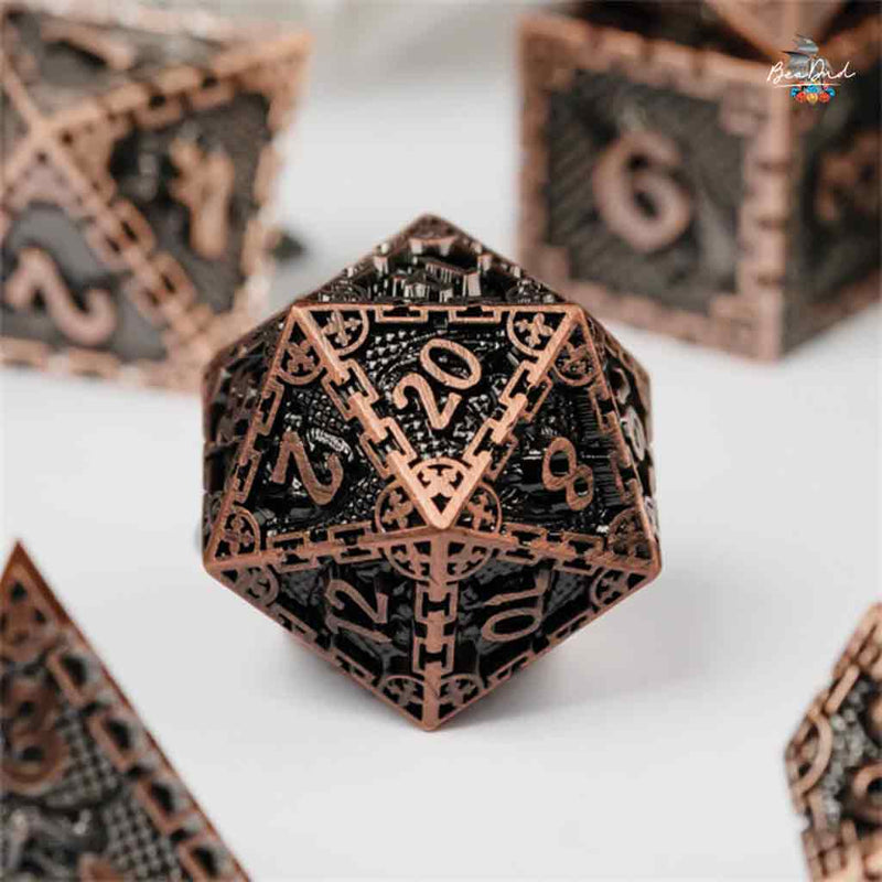 Dragon Fortress 7 Piece Metal Polyhedral Dice Set & Dice Case - Bea DnD Games