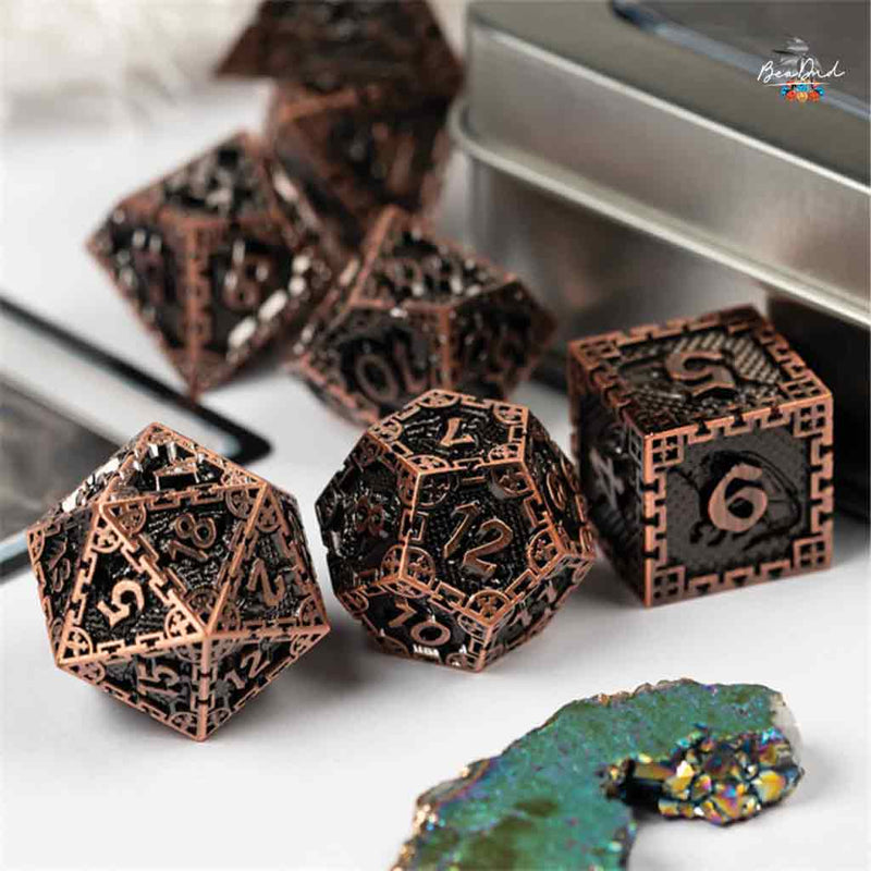 Dragon Fortress 7 Piece Metal Polyhedral Dice Set & Dice Case - Bea DnD Games
