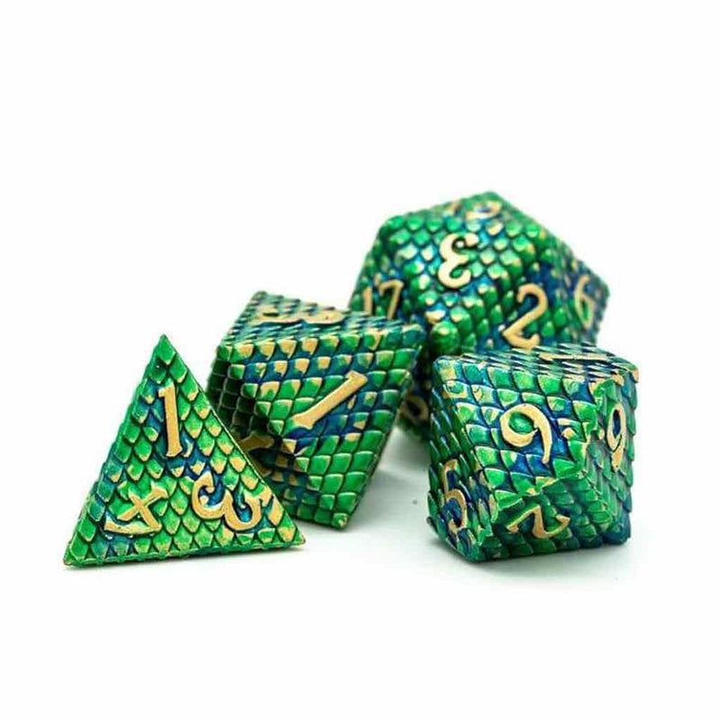 Dragon Scale 7 Piece Metal Polyhedral Dice Set & Dice Case - Bea DnD Games