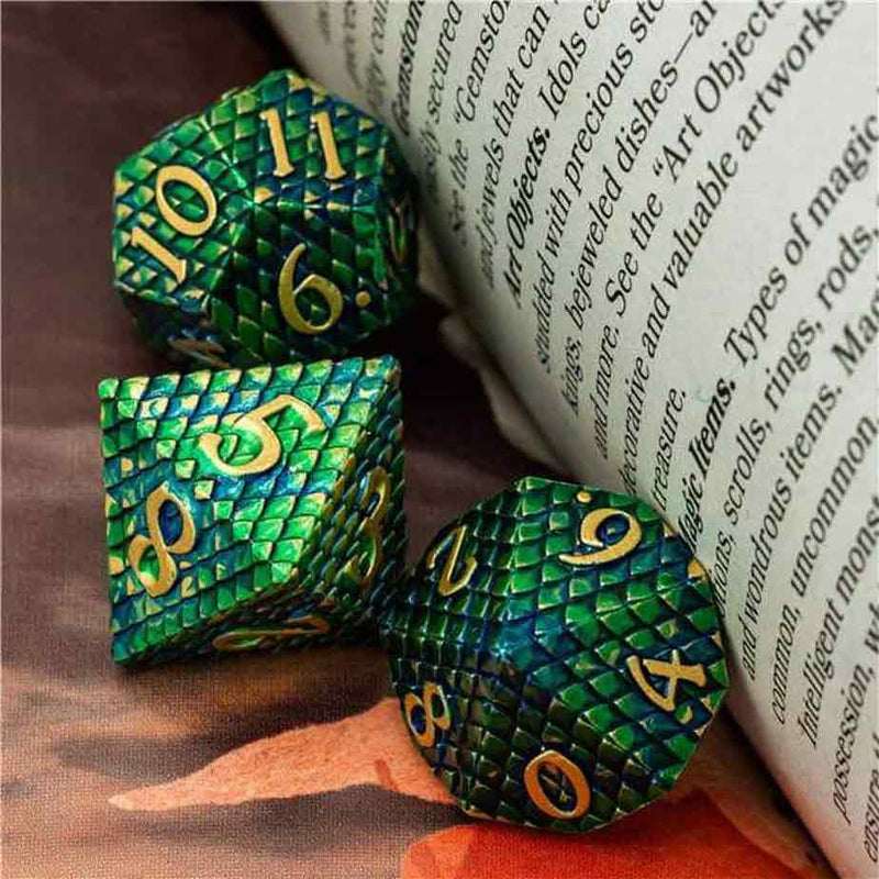 Dragon Scale 7 Piece Metal Polyhedral Dice Set & Dice Case - Bea DnD Games