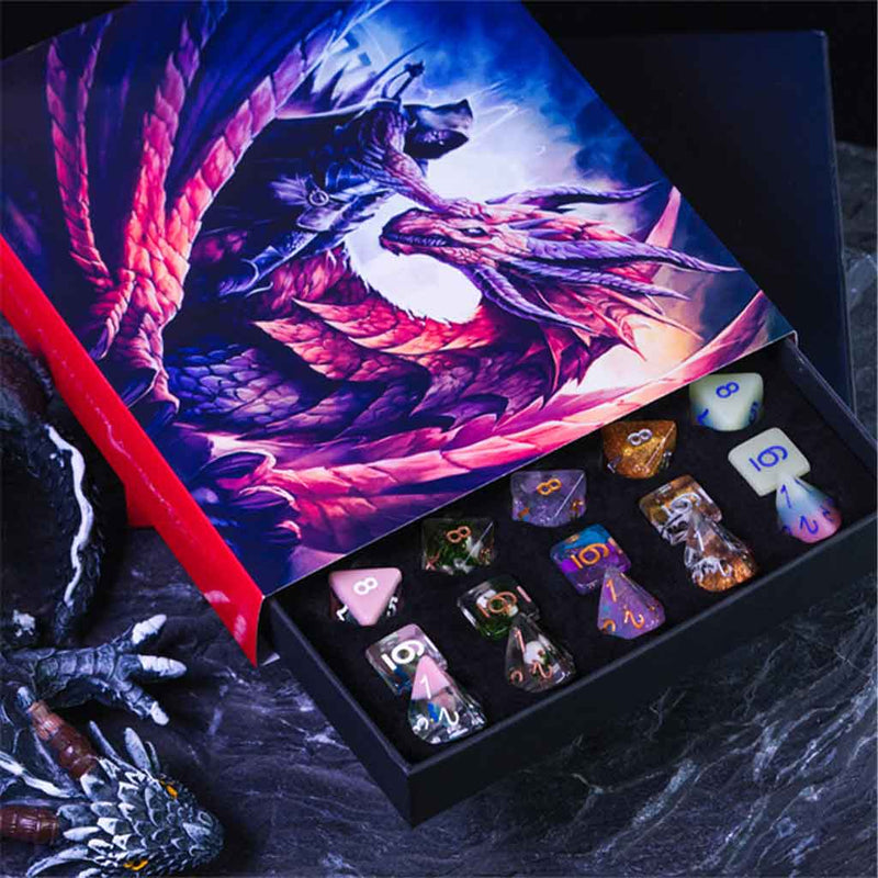 Dragons and Warriors Dice Gift Set - Gift Box of 5 Random Sets of Resin Dice - Bea DnD Games