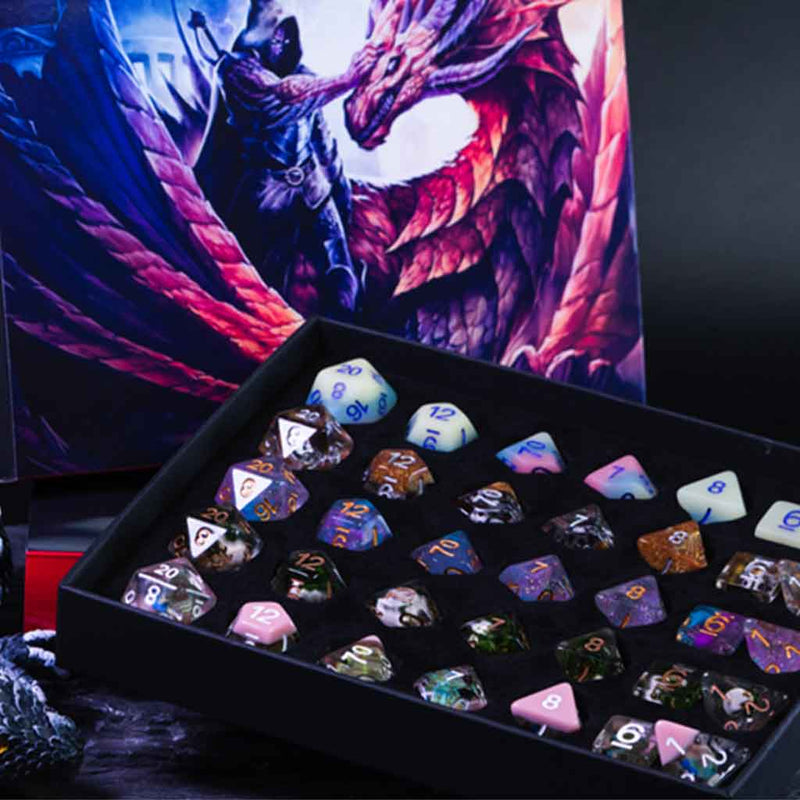 Dragons and Warriors Dice Gift Set - Gift Box of 5 Random Sets of Resin Dice - Bea DnD Games