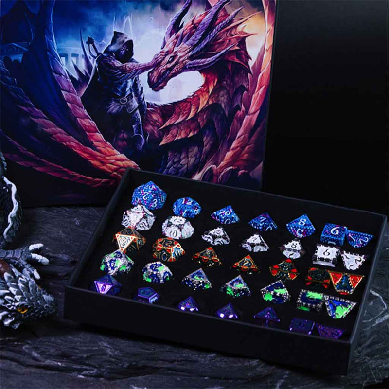 Dragons and Warriors Metal Dice Gift Set - Gift Box of 5 Random Sets of Metal Dice - Bea DnD Games