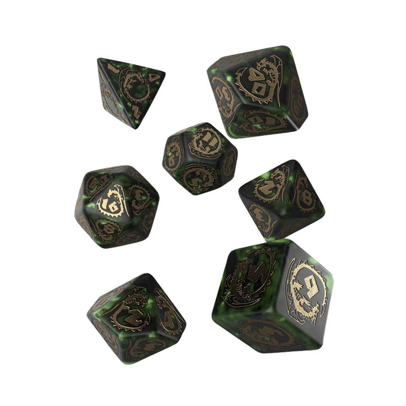 Dragons Bottle Green & Gold 7pc Polyhedral Dice Set by Q Workshop - Bea DnD Games