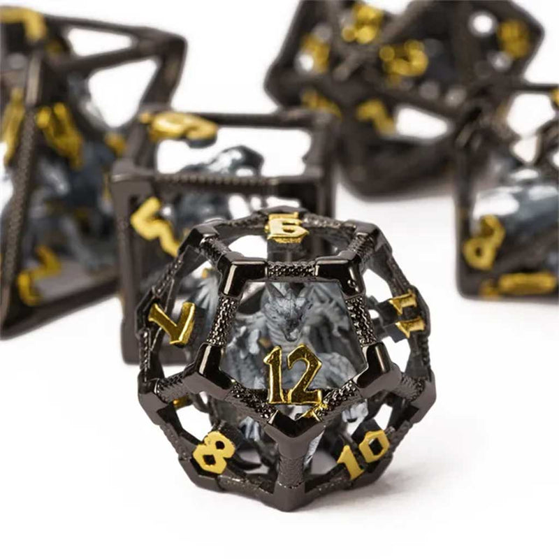Dragons Cage - 7 Piece Hollow Metal Polyhedral Dice Set & Dice Case - Bea DnD Games