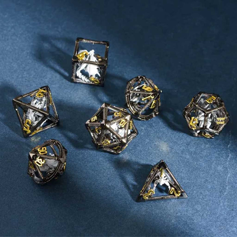 Dragons Cage - 7 Piece Hollow Metal Polyhedral Dice Set & Dice Case - Bea DnD Games