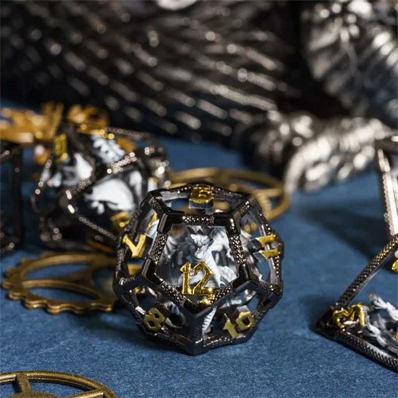 Dragons Cage - 7 Piece Hollow Metal Polyhedral Dice Set & Dice Case - Bea DnD Games