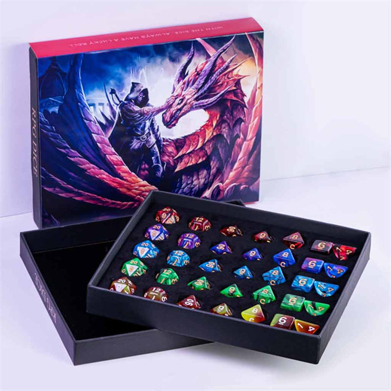 Dragons & Warriors Dice Gift Set - Gift Box of 5 Random Sets of Acrylic Dice - Bea DnD Games