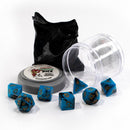 Dual Blue & Black Pizza Dungeon Dice by Reaper Miniatures - 7 Piece Polyhedral Dice Set & Random High Roller Figure - Bea DnD Games