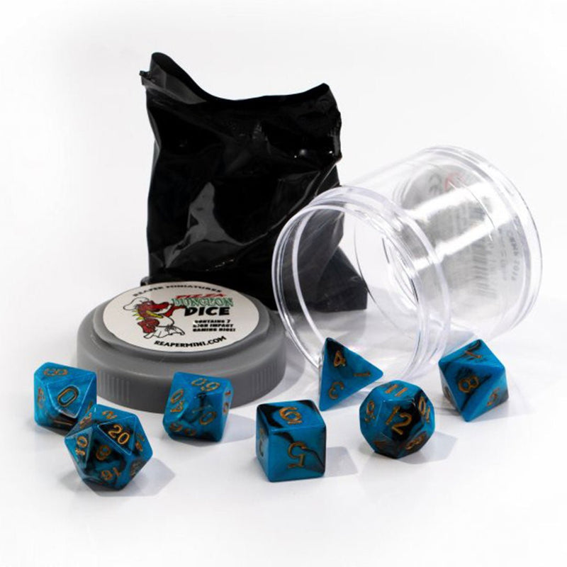 Dual Blue & Black Pizza Dungeon Dice by Reaper Miniatures - 7 Piece Polyhedral Dice Set & Random High Roller Figure - Bea DnD Games