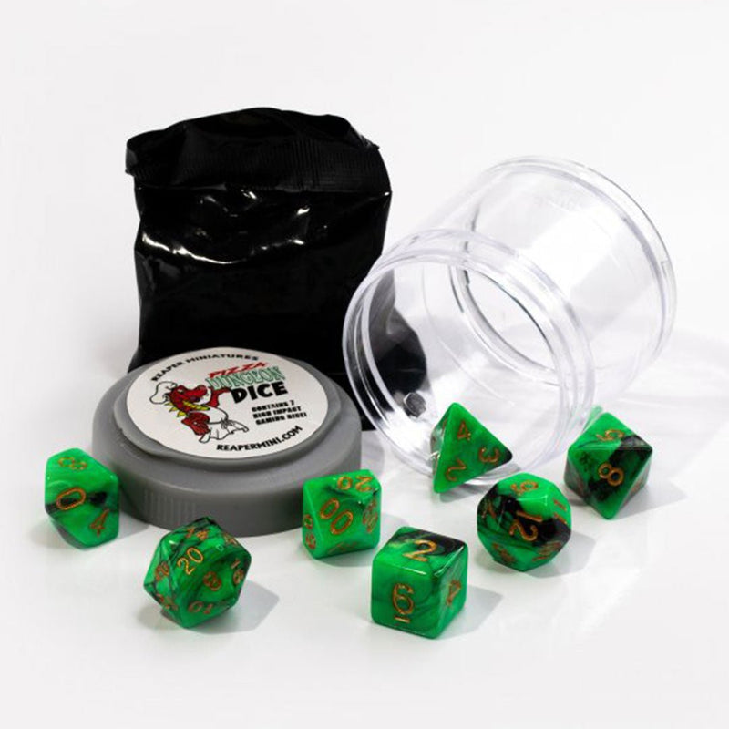 Dual Green & Black Pizza Dungeon Dice by Reaper Miniatures - 7 Piece Polyhedral Dice Set & Random High Roller Figure - Bea DnD Games