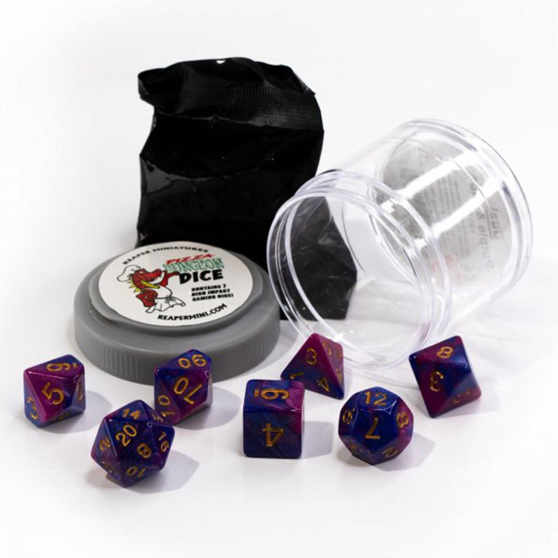 Dual Purple & Blue Pizza Dungeon Dice by Reaper Miniatures - 7 Piece Polyhedral Dice Set & Random High Roller Figure - Bea DnD Games
