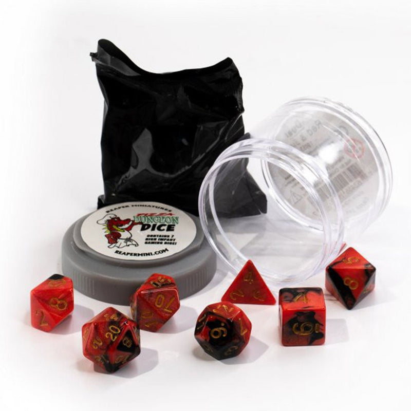 Dual Red & Black Pizza Dungeon Dice by Reaper Miniatures - 7 Piece Polyhedral Dice Set & Random High Roller Figure - Bea DnD Games