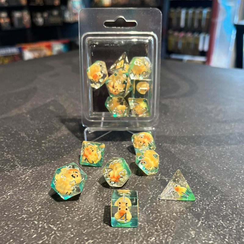 Duckling Dice - 7 Piece Polyhedral Dice Set + Dice Bag - Bea DnD Games