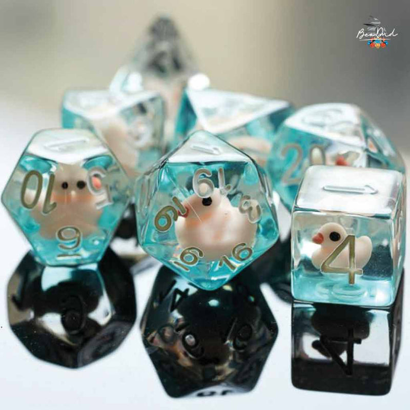 Ducky Dice - 7 Piece Polyhedral Dice Set + Dice Bag - Bea DnD Games