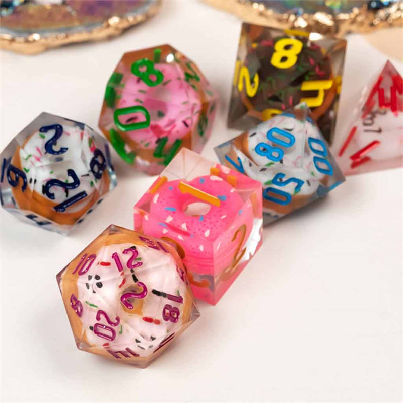 Dungeon Donuts - Handcrafted Sharp Edge Dice Set & Dice Case - Bea DnD Games