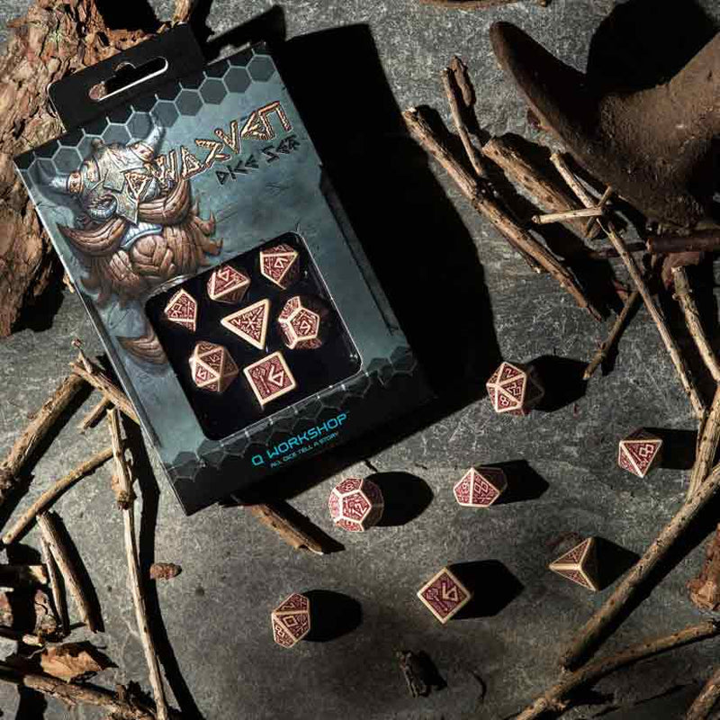 Dwarven Beige & Burgundy 7pc Polyhedral Dice Set by Q Workshop - Bea DnD Games