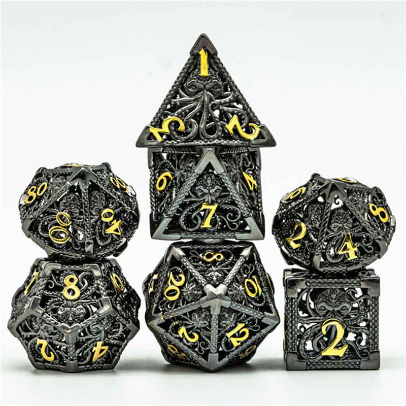 Eldritch Horror 7 Piece Hollow Metal Polyhedral Dice Set & Dice Case - Bea DnD Games
