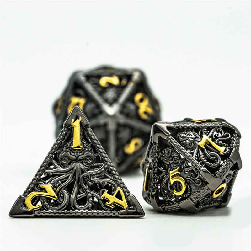 Eldritch Horror 7 Piece Hollow Metal Polyhedral Dice Set & Dice Case - Bea DnD Games