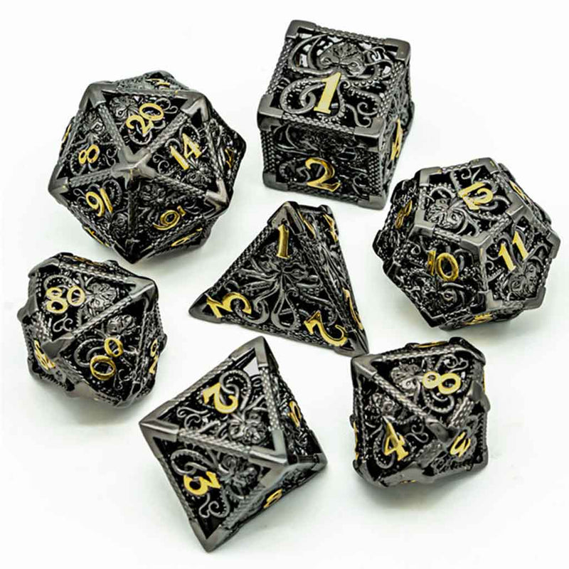 Eldritch Horror 7 Piece Hollow Metal Polyhedral Dice Set & Dice Case - Bea DnD Games