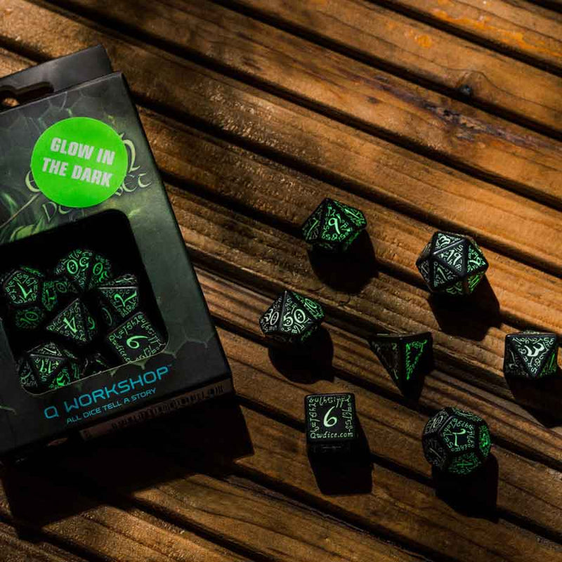 Elvish Black & Glow-in-the-Dark 7pc Polyhedral Dice Set by Q Workshop - Bea DnD Games