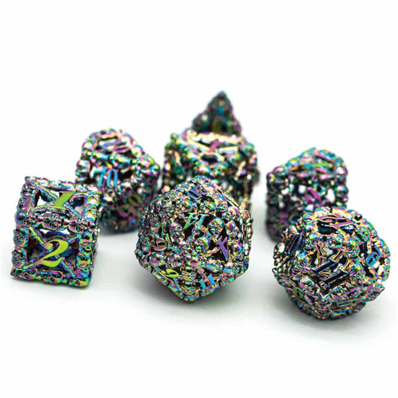 Fairy Bones 7 Piece Hollow Metal Polyhedral Dice Set & Dice Case - Bea DnD Games