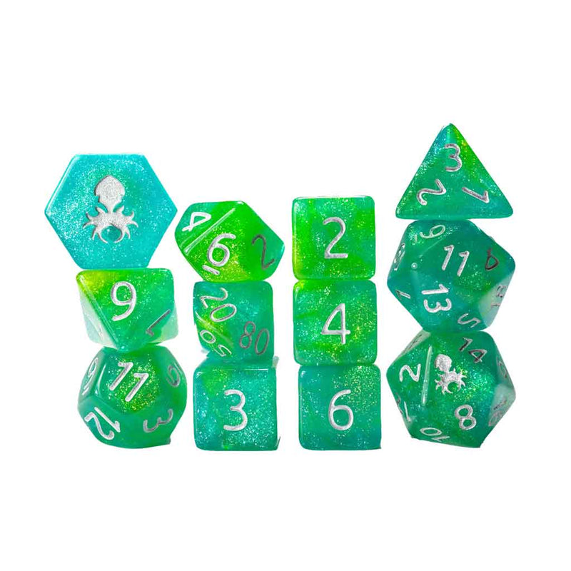 Fern 12 Piece Glimmer Dice Set with Silver Ink + Dice Bag (Kraken Dice) - Bea DnD Games