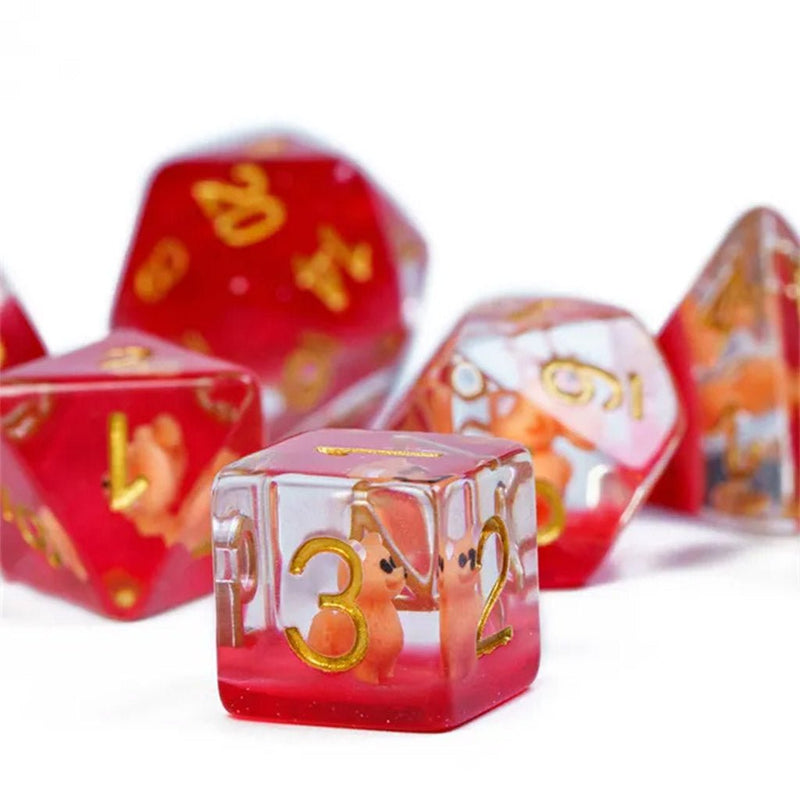 Fire Bear - 7 Piece Polyhedral Dice Set + Dice Bag - Bea DnD Games