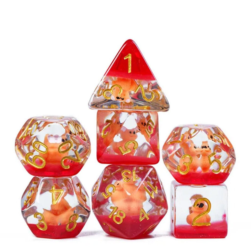 Fire Bear - 7 Piece Polyhedral Dice Set + Dice Bag - Bea DnD Games