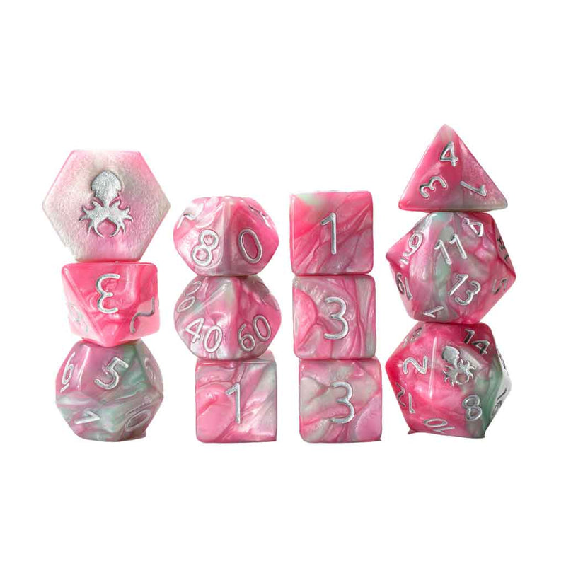 Flamingo Paradice 12 Piece Dice Set with Silver Ink + Dice Bag (Kraken Dice) - Bea DnD Games