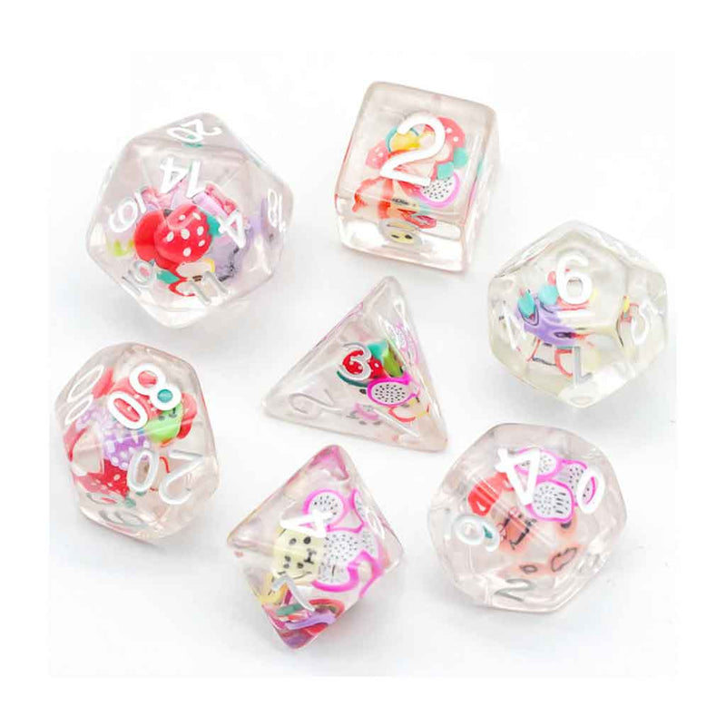 Fruitful Dice - 7 Piece Polyhedral Dice Set + Dice Bag - Bea DnD Games