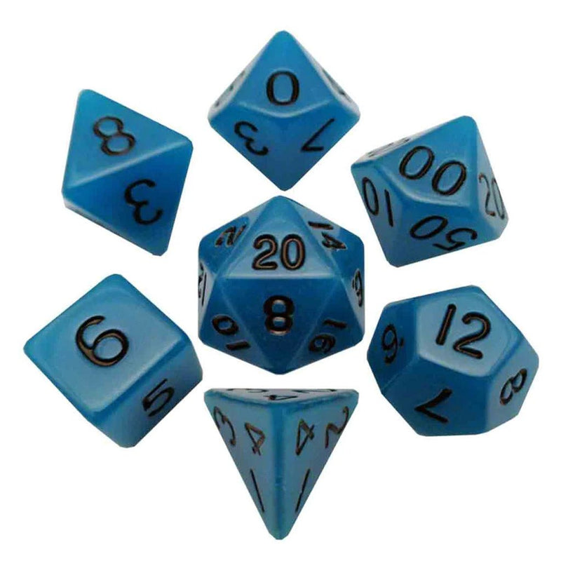 Glow Blue - Glow in the Dark 7 Piece Polyhedral Dice Set + Dice Bag - Bea DnD Games