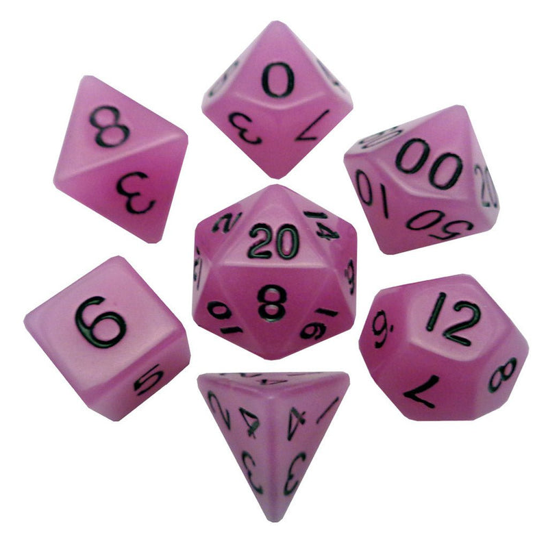 Glow Purple - Glow in the Dark 7 Piece Polyhedral Dice Set + Dice Bag - Bea DnD Games