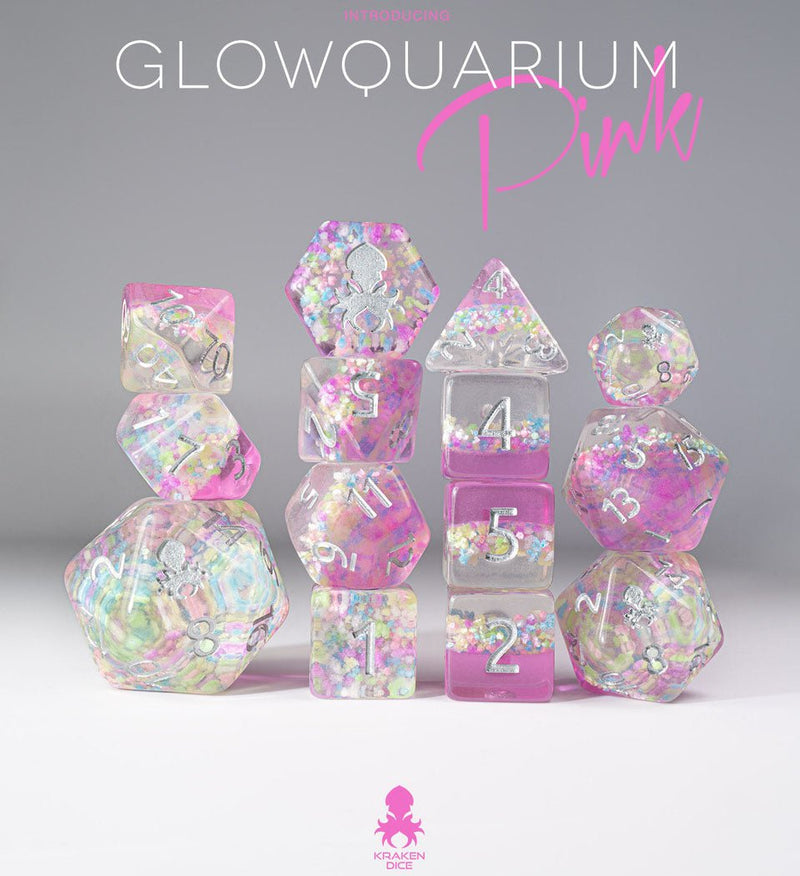 Glowquarium Pink with Glow in the Dark Particles 14pc Dice Set by Kraken Dice + Dice Bag - Bea DnD Games