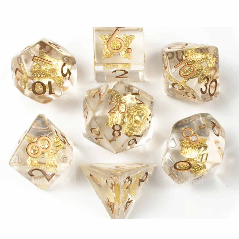 Golden Butterfly Dice - 7 Piece Polyhedral Dice Set + Dice Bag - Bea DnD Games