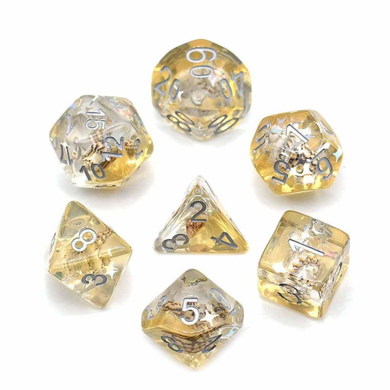 Golden Shores - 7 Piece Polyhedral Dice Set + Dice Bag - Bea DnD Games