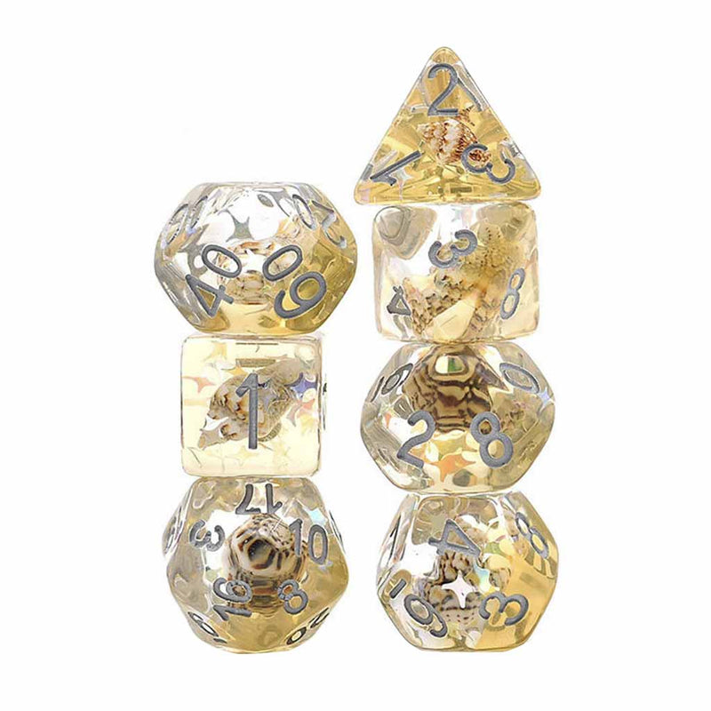 Golden Shores - 7 Piece Polyhedral Dice Set + Dice Bag - Bea DnD Games