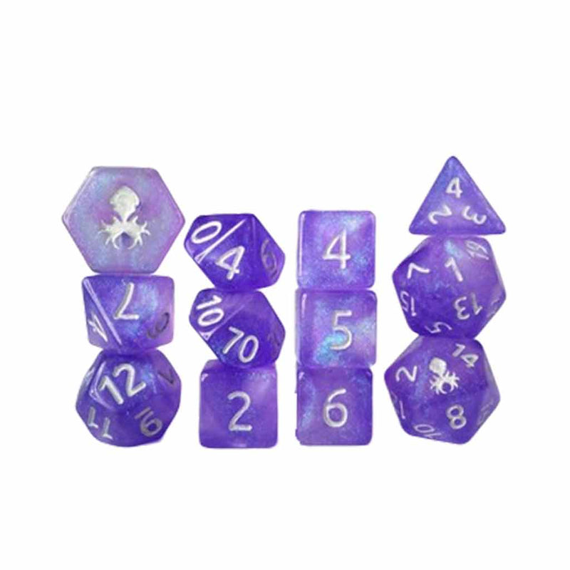 Grape Rock Candy 12 Piece Dice Set with Gold Ink + Dice Bag (Kraken Dice) - Bea DnD Games