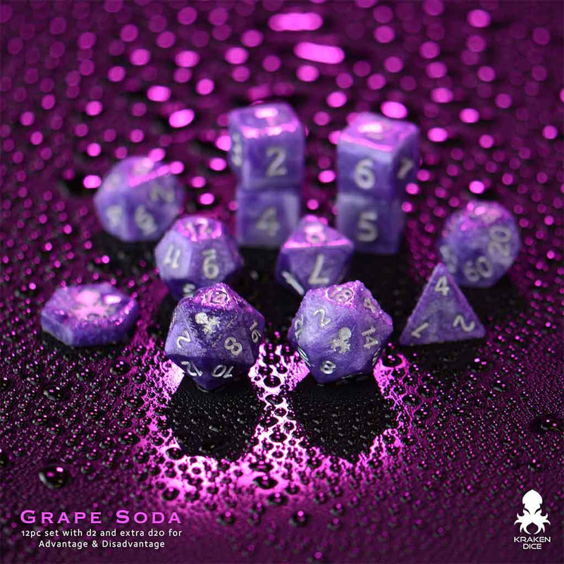 Grape Soda 14pc Dice Set by Kraken Dice + Dice Bag - Bea DnD Games