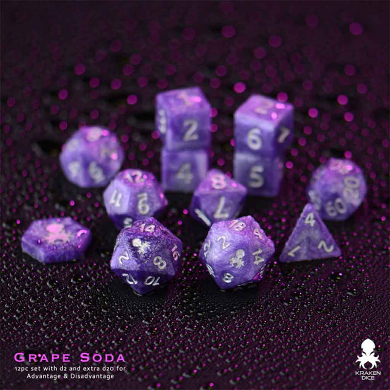 Grape Soda 14pc Dice Set by Kraken Dice + Dice Bag - Bea DnD Games