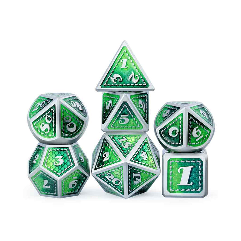 Green Dragon 7 Piece Metal Polyhedral Dice Set & Dice Case - Bea DnD Games