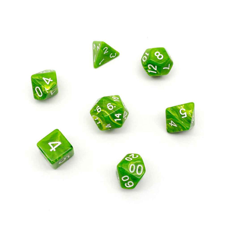 Green Flame - 7 Piece Polyhedral Dice Set + Dice Bag - Bea DnD Games