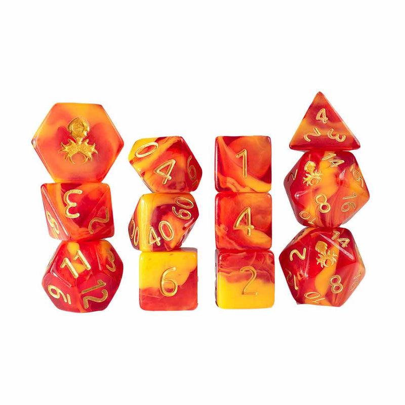 Gummi Blood Orange 12 Piece Dice Set with Gold Ink + Dice Bag (Kraken Dice) - Bea DnD Games