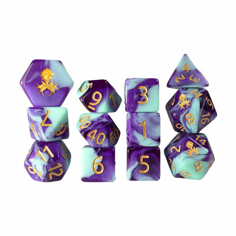 Gummi Dragon 12 Piece Dice Set with Gold Ink + Dice Bag (Kraken Dice) - Bea DnD Games