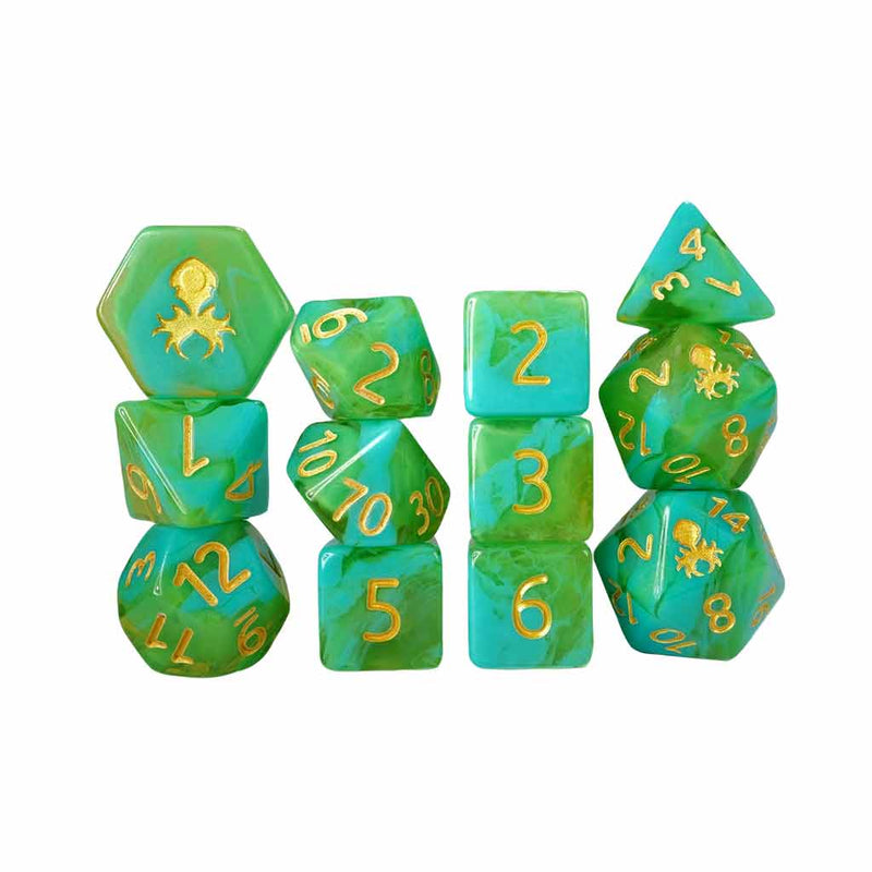 Gummi Green and Light Blue 12 Piece Dice Set with Gold Ink + Dice Bag (Kraken Dice) - Bea DnD Games