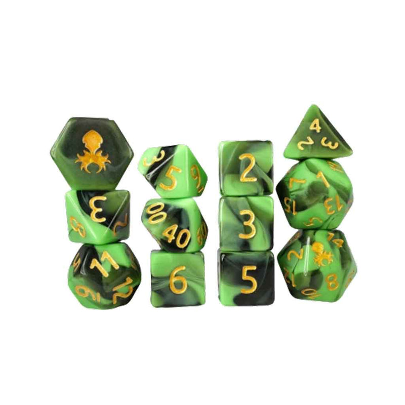 Gummi Green & Black 12 Piece Dice Set with Gold Ink + Dice Bag (Kraken Dice) - Bea DnD Games